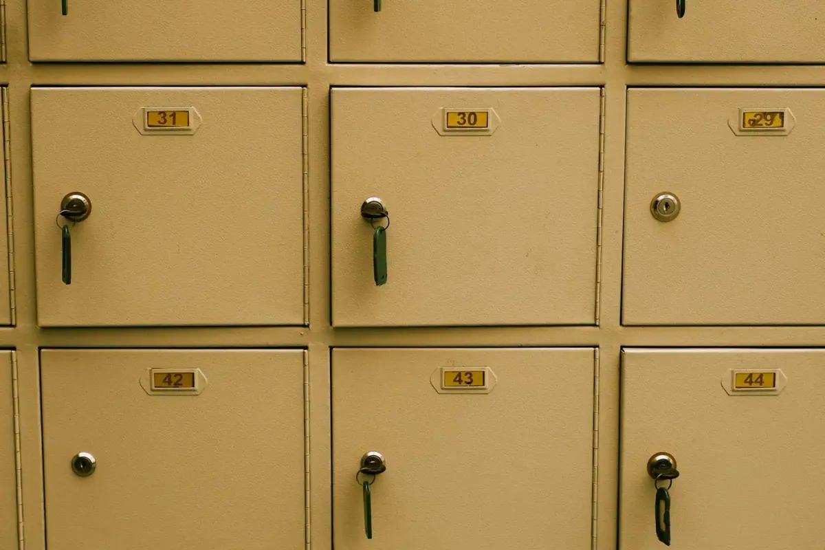 Safe deposit boxes in a secure vault room